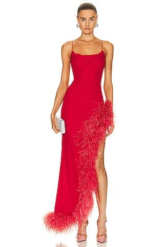 Alessandra Rich Silk Feather Gown in Red | FWRD | FWRD 
