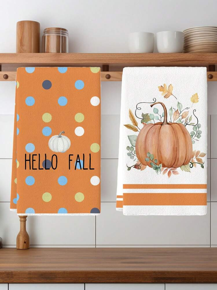 2Pcs Pumpkin Leaves Turkey Stripes Buffalo Plaid Mason Jar Thanksgiving Farmhouse Kitchen Towels ... | SHEIN