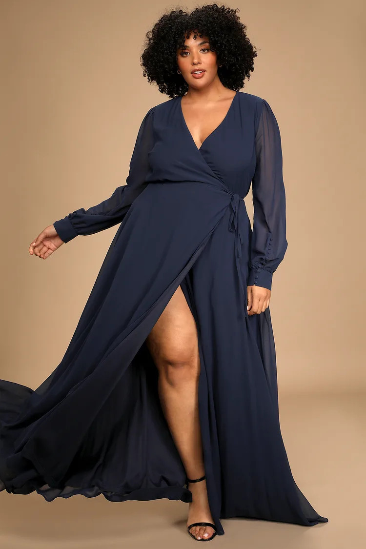 My Whole Heart Dark Navy Blue Long Sleeve Wrap Dress | Lulus