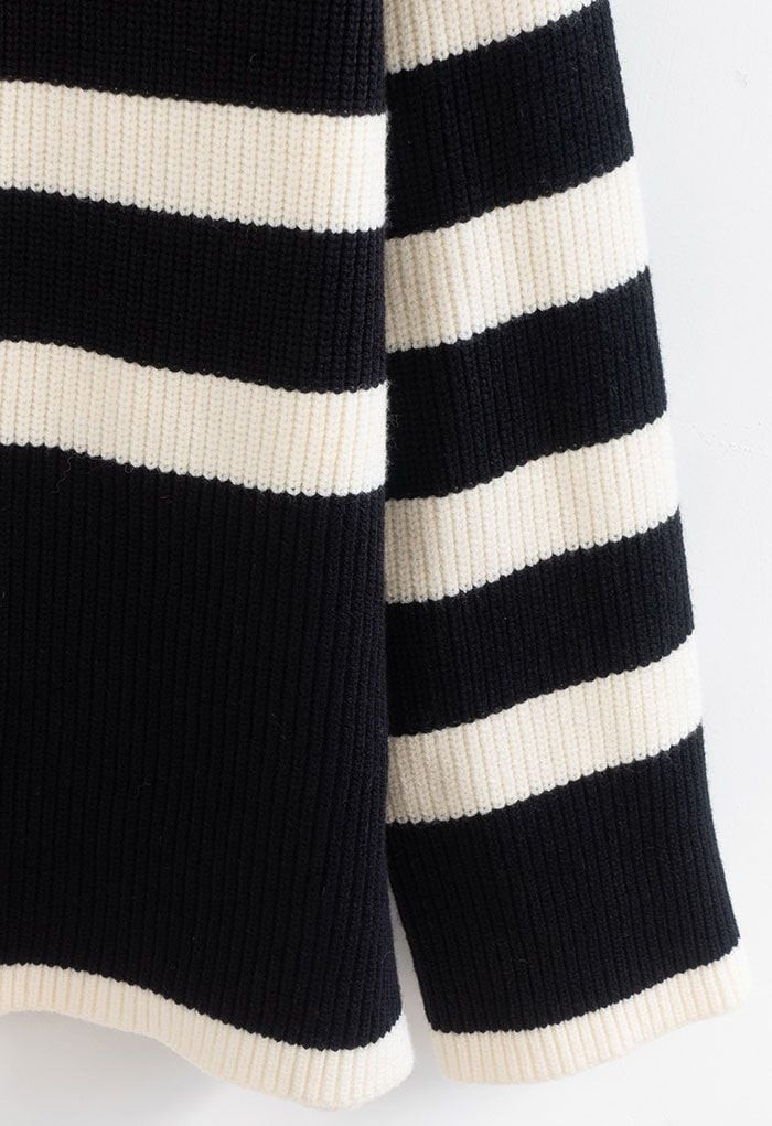 Buttoned Neck Striped Oversize Sweater in Black | Chicwish