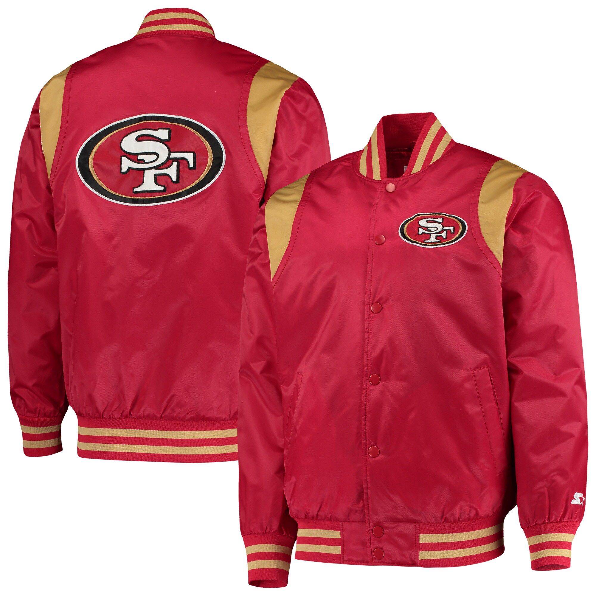San Francisco 49ers Starter Prime Time Twill Satin Varsity Full-Snap Jacket - Scarlet/Gold | Fanatics.com