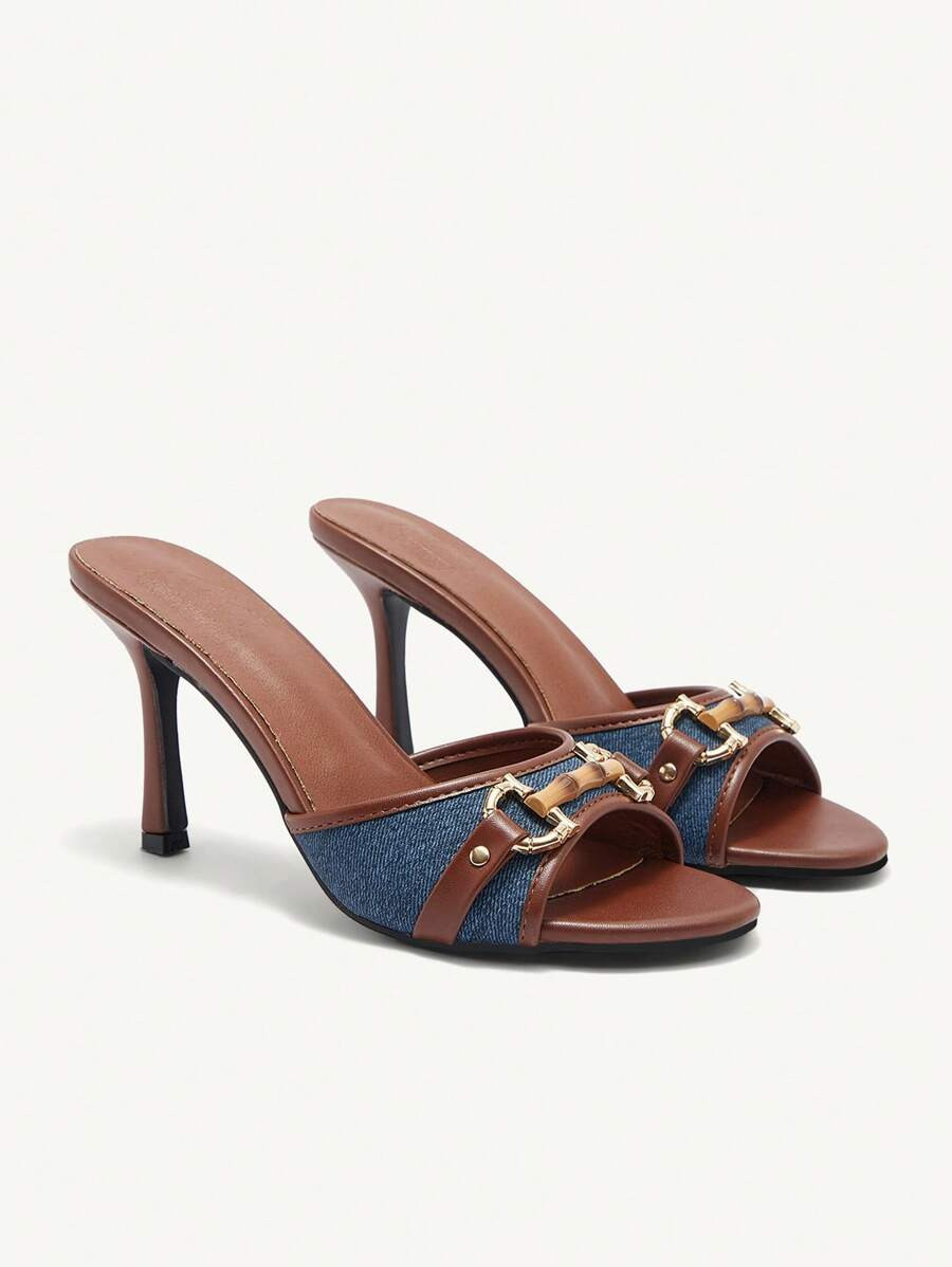 CUCCOO BIZCHIC Women's Plain Color Metallic Decor Simple Casual High Heel Sandals For Christmas | SHEIN