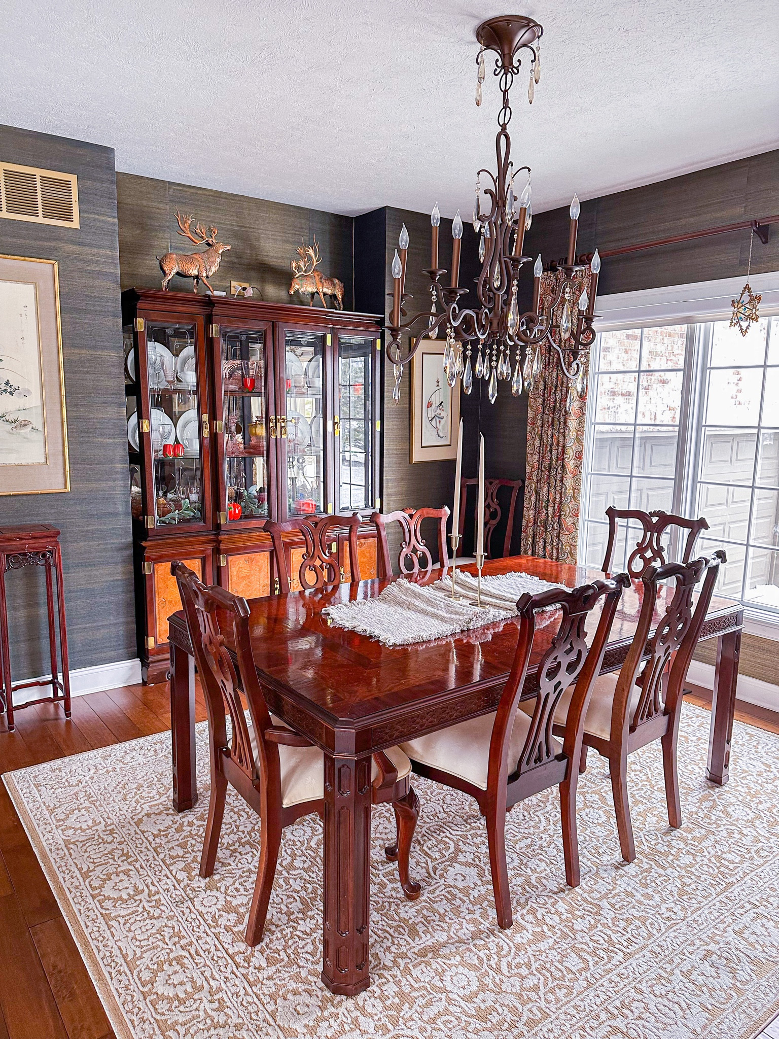 Indigo and Gold Grasscloth wallpaper.  It’s a classic in this heirloom dining space and brings a natural texture to the room.

#LTKGiftGuide #LTKhome #LTKFind