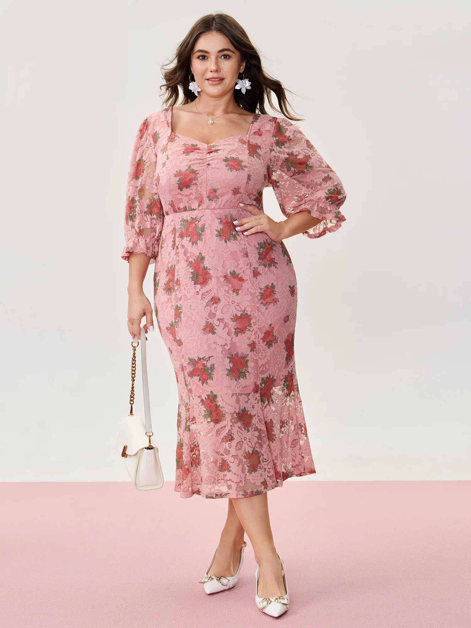 Romantic Lace Print Pockets Midi Dress | Bloomchic
