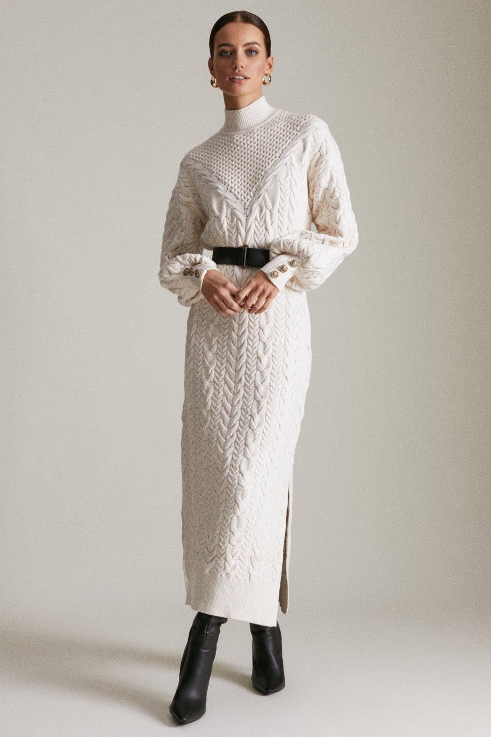 Petite Cable Knit Belted Midi Dress | Karen Millen UK & IE