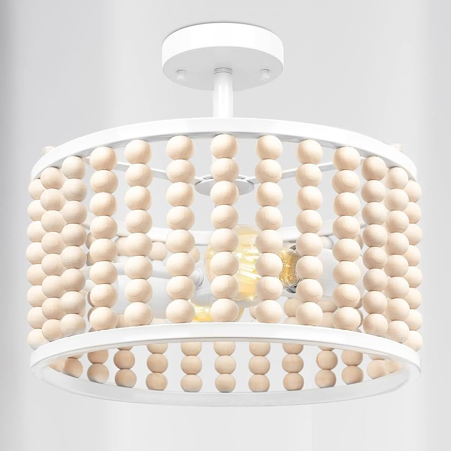 White Wood Beaded Boho Chandelier - Modern Nursery Ceiling Light Fixture, Beaded Semi Flush Mount... | Amazon (US)