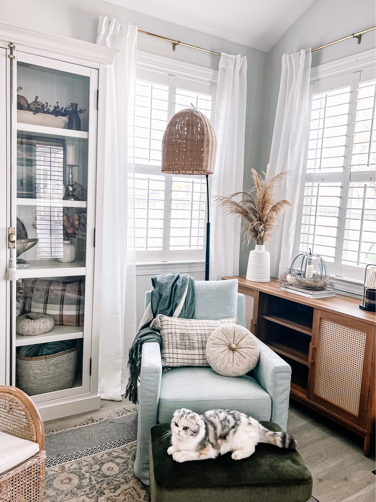 One of my favorite spots in the living room decorated for Fall. Fall living room nook, cozy room for Fall, Serena and Lily inspiration, coastal fall decor, fall home decor, cane tv console, pampas grass, velvet ottoman, ottoman, display cabinet.

#LTKSale #LTKSeasonal #LTKhome