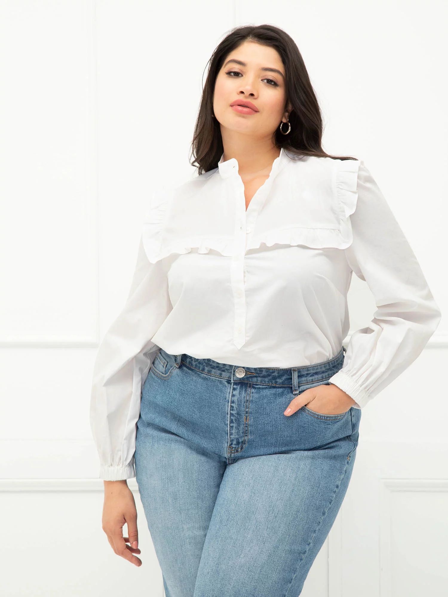 ELOQUII Elements Women's Plus Size Ruffle Bib Shirt | Walmart (US)