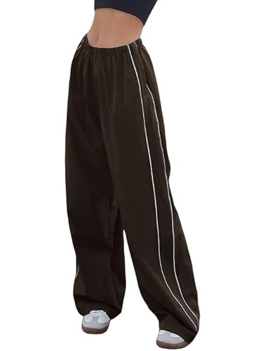 Aedceal Women's Parachute Pants Baggy Track Y2K Black Elastic Waist Wide Leg Trousers(Brown-S) | Amazon (US)