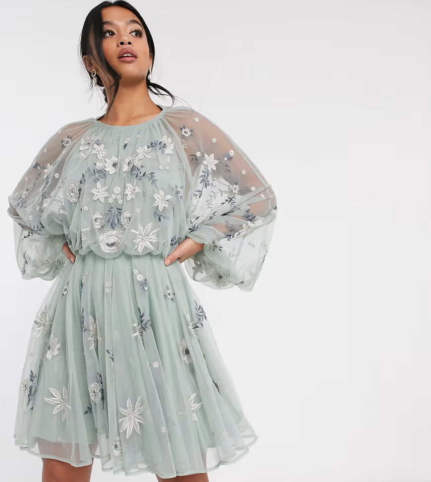 ASOS EDITION Petite floral beaded mesh dress with balloon sleeve-Grey | ASOS (Global)
