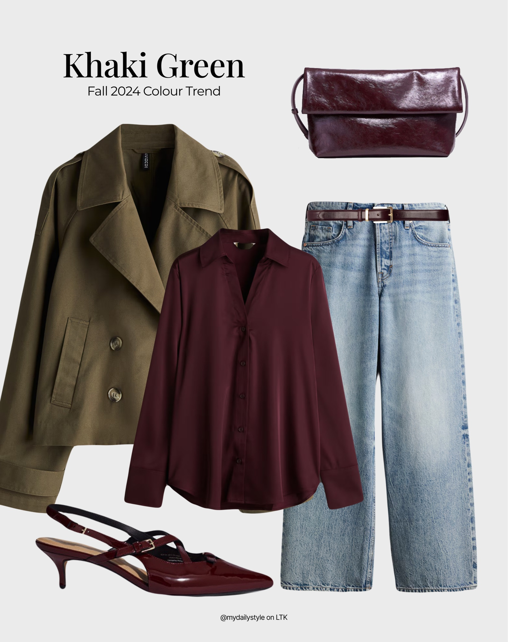 Khaki green in all its shades is definitely the color of the season. Mix it with burgundy colour, & you’ve got a chic fall look.

Khaki green trench coat, burgundy blouse, blue denim jeans, burgundy patent-leather clutch, burgundy slingback shoes. 

Tags: khaki green, olive green, fashion trends 2024, fall style, pre-fall, autumn style, fall outfit, autumn outfit, fall fashion, autumn fashion, easy styling, simple everyday look, chic & basic outfit, Parisian look, casual outfit, capsule wardrobe, office look, brunch style, high street. 

#LTKbag #LTKstyletip #LTKautumn