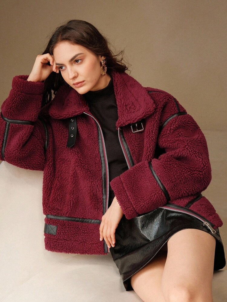 Anewsta Women's Casual Faux Leather Patchwork Lamb Wool Blend Short Loose Fit Jacket, Autumn/Wint... | SHEIN