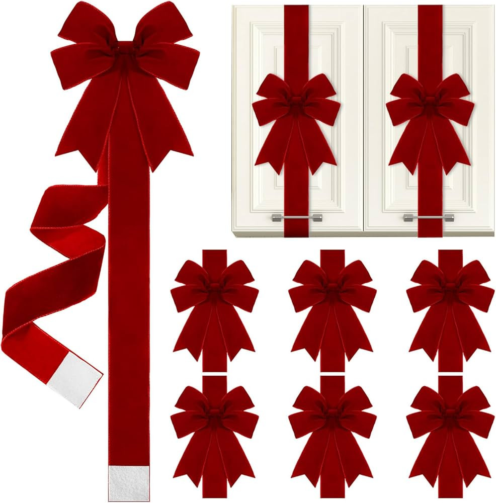 6 Pcs Christmas Velvet Cabinet Door Bows and Ribbons Large Christmas Door Cabinet Bows for Hallow... | Amazon (US)