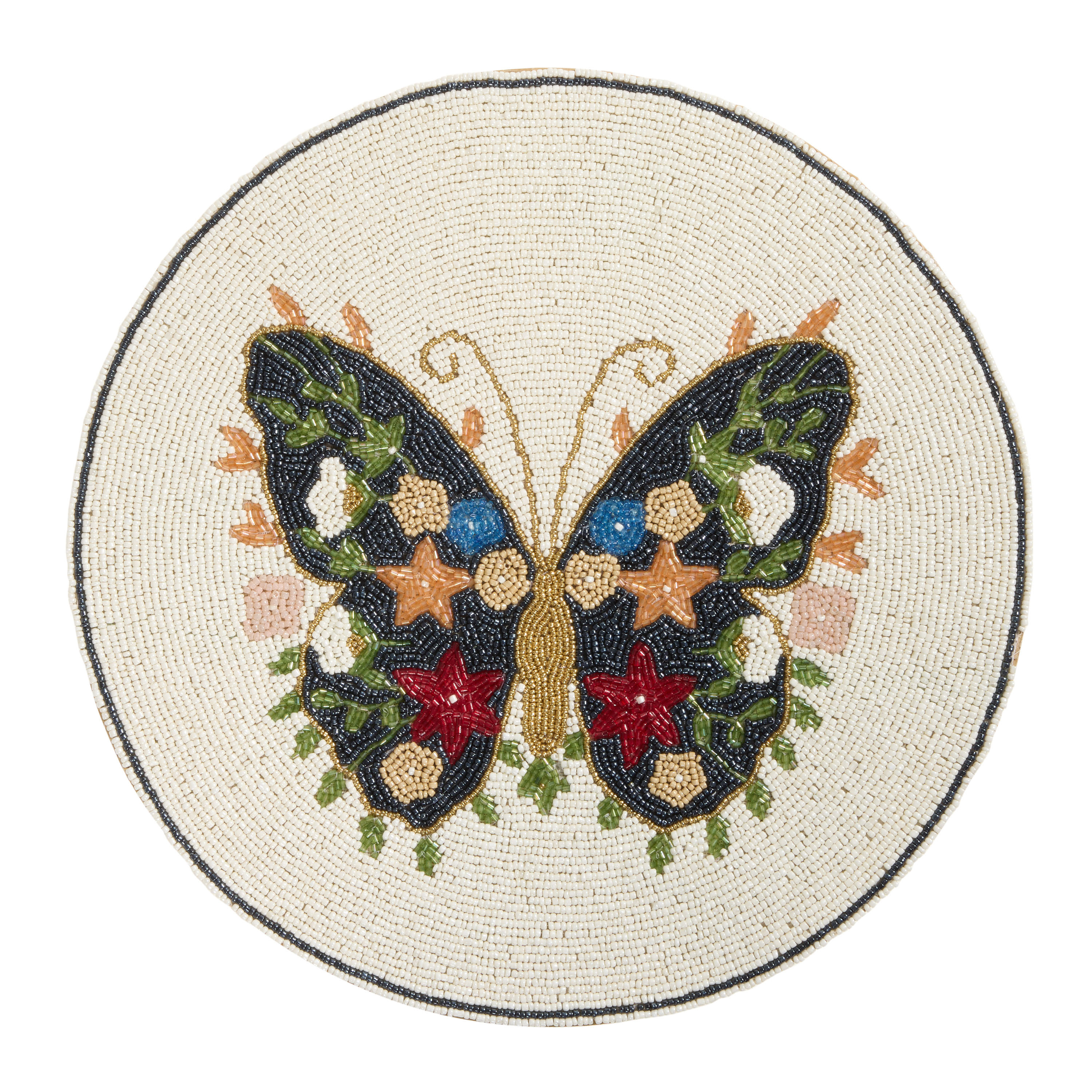 Round Ivory Multicolor Butterfly and Floral Beaded Placemat | World Market