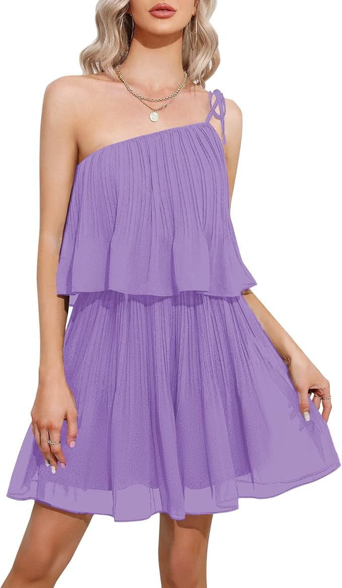 EXLURA Women's 2023 One Shoulder Layered Flowy Short Mini Dress Tiered Sleeveless Cocktail Weddin... | Amazon (US)