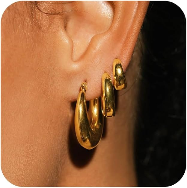 3 Pairs Chunky Gold Hoop Earrings Sets for Women 14k Gold Plated Dainty Hypoallergenic Lightweigh... | Amazon (US)
