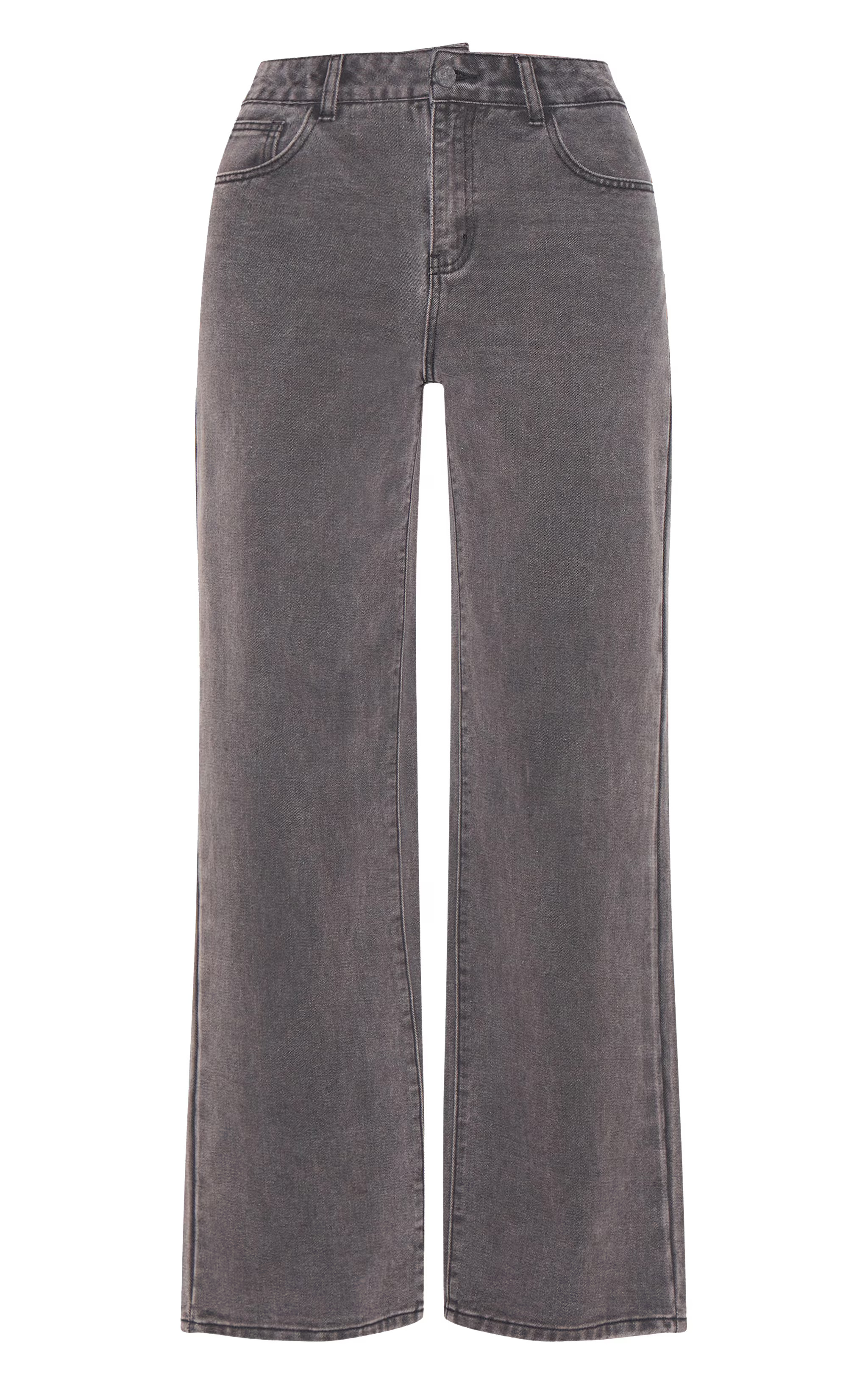 Washed Black Fabric Covered Button Mid Waist Straight Leg Jeans | PrettyLittleThing US