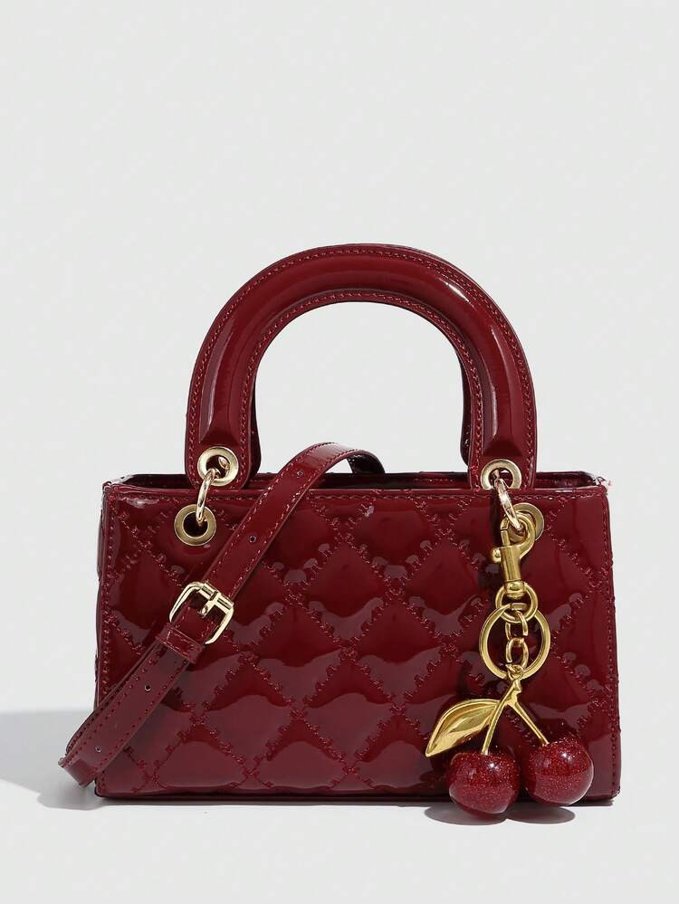 Leather Burgundy Bag With Cherry Charm  | SHEIN