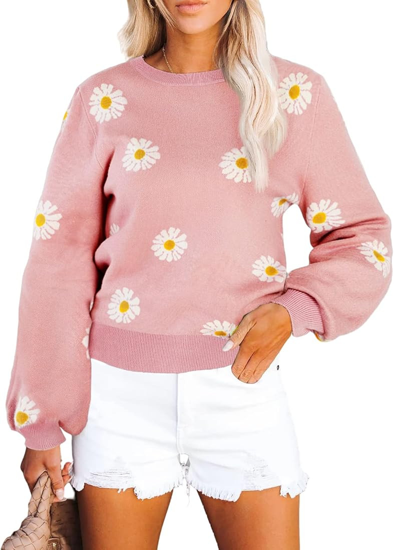 Dellytop Womens Daisy Knit Sweaters Crewneck Long Balloon Sleeve Casual Loose Pullover Jumper Top... | Amazon (US)