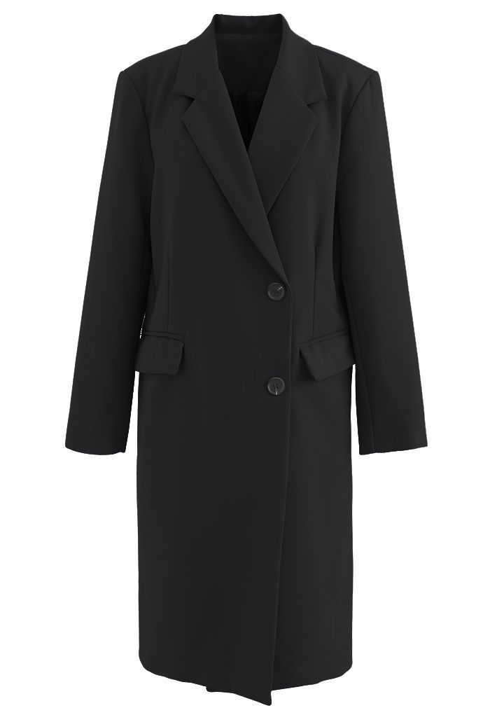 Single-Breasted Pocket Longline Coat in Black | Chicwish