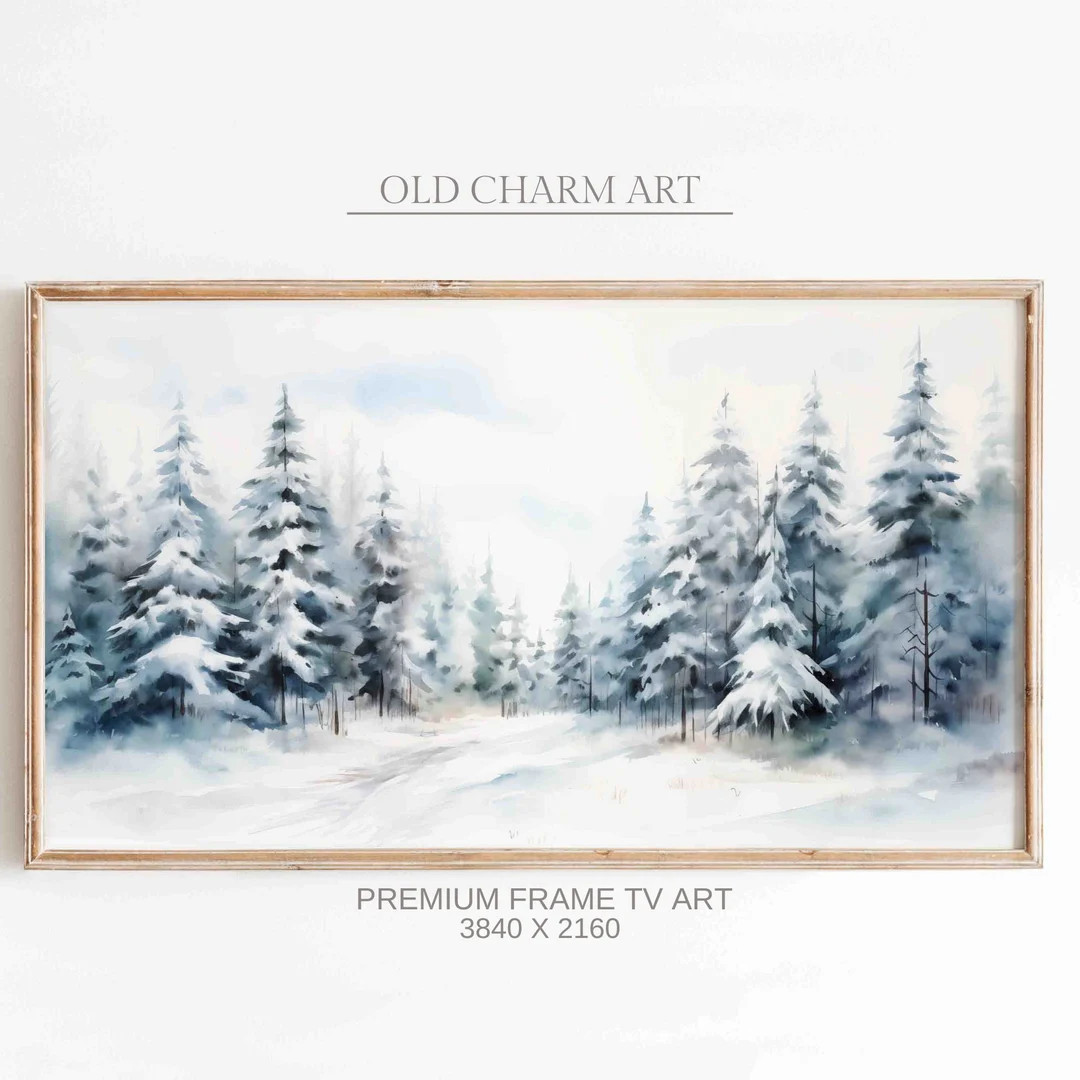 Winter Frame TV Art, Snowy Forest Christmas Art for Samsung TV, Watercolor Painting Holiday Decor... | Etsy (US)