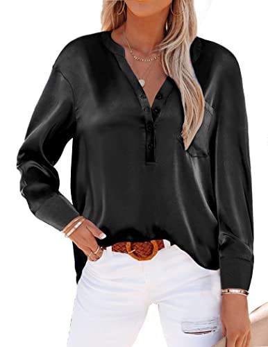 Beyove Satin Button Up Shirts for Women Silk Blouse Long Sleeve V Neck Office Business Tunic Top with Pocket Black XL | Amazon (US)