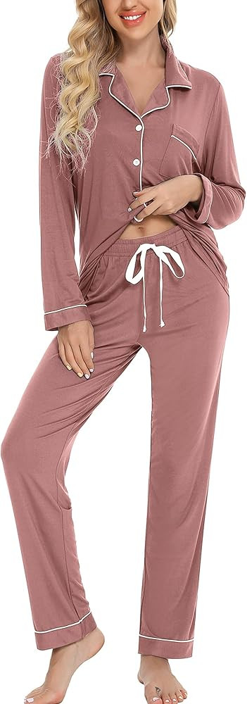 Leikar Button Up Pajama Set For Women Long Sleeve Shirt And Pajama Pants Soft Pjs Lounge Sets | Amazon (US)