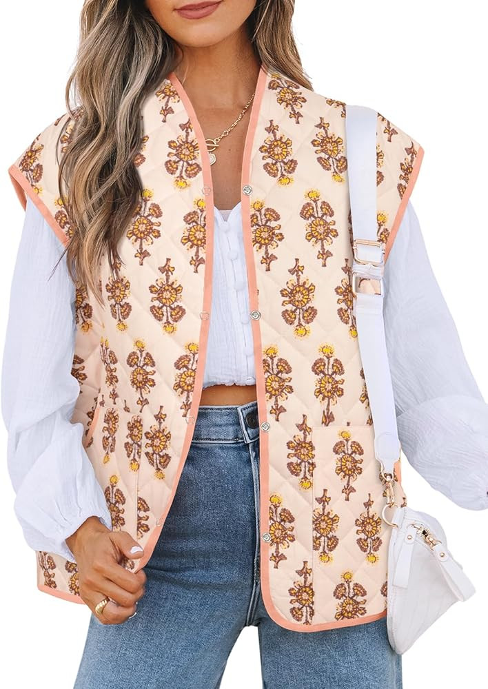 MEROKEETY Cap Sleeve Quilted Vest Floral Print Lightweight Sleeveless Open Front Cardigan Outwear | Amazon (US)