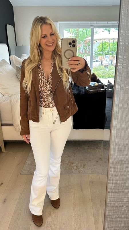 OOTD - Casual outfit for a cool Spring day. Paired white jeans with a ruched button-up top layered with brown suede moto jacket & boots. #workoutfit #ruched #brownboots #layering #jeans

#LTKworkwear #LTKover40 #LTKstyletip