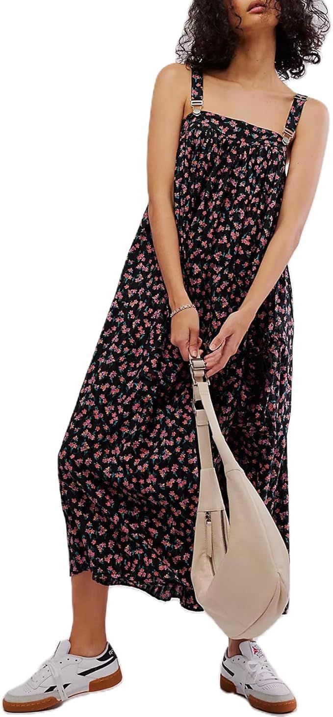 Women Summer Dresses Flowy Smocked Maxi Dress Sleeveless Tie Shoulder Boho Dresses Y2K Floral Bea... | Amazon (US)