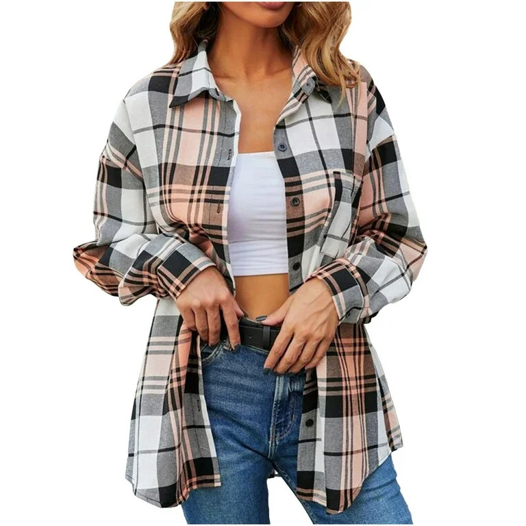 RYRJJ Womens Plaid Shirts Flannel Shacket Jacket Fall Fashion Long Sleeve Button Down Boyfriend S... | Walmart (US)