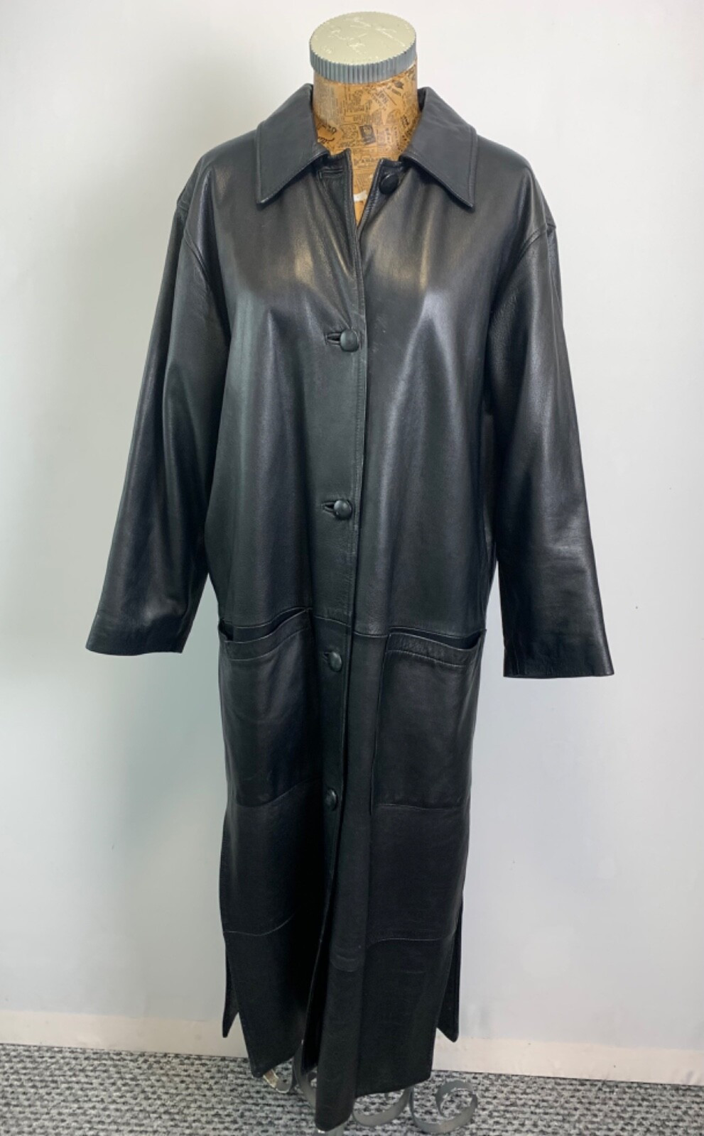 ALISON LEWY COAT OVERCOAT 10 BLACK Real Leather Button Up High Slits Long  | eBay | eBay UK