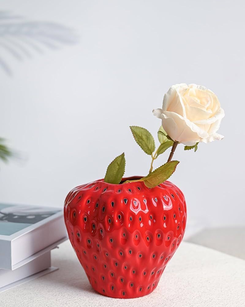 DN DECONATION Red Strawberry Vase, Strawberry Ceramic Flower Vase for Colorful Girly Home Decor, ... | Amazon (US)