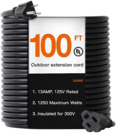 100 Feet Outdoor Extension Cord Waterproof Black 16 AWG 3 Prong, Flexible Long Wires Perfect for ... | Amazon (US)