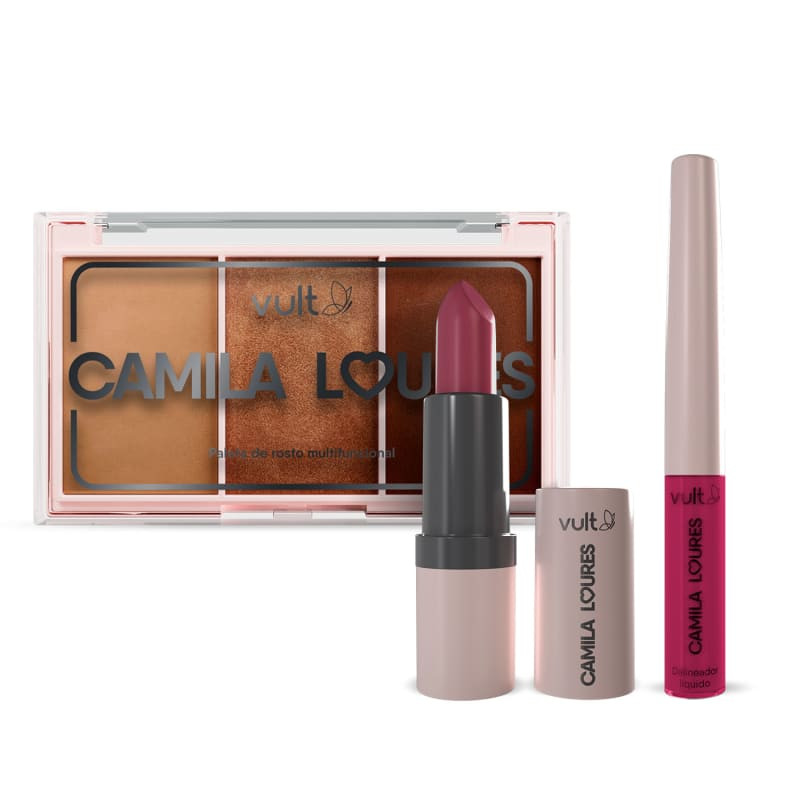 Combo Camila Loures: Batom Matte Velvet 3,8g + Paleta de Rosto Multifuncional 15,5g + Delineador ... | Vult (BR)