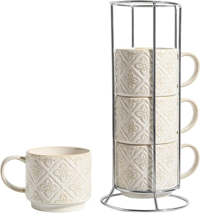 6 Oz Coffee Cups with Stand, Stackable Espresso Cups Set of 4, Ceramic Cappuccino Cup, Embossed C... | Amazon (US)