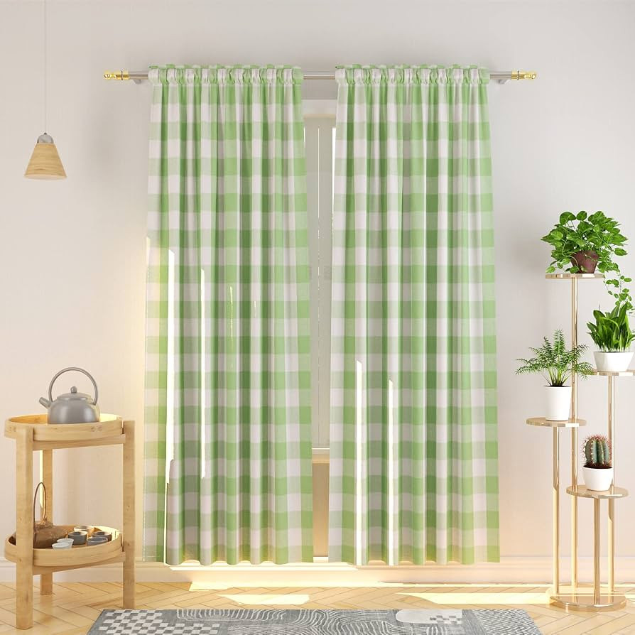 NATUS WEAVER Buffalo Check Cotton Curtains 84 inch Length Kitchen Living Room Bedroom Green and W... | Amazon (US)