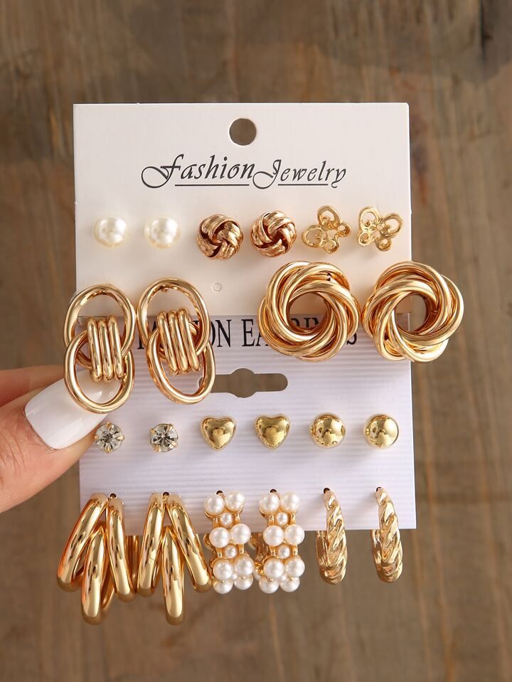 11pairs/set Faux Pearl & Heart Decor Earrings | SHEIN
