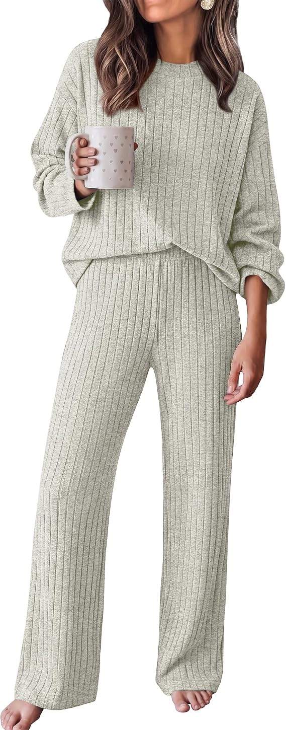 Ekouaer Lounge Sets for Women Ribbed Long Sleeve Mock Neck 2 Piece Outfit | Ribbed Knit Fabric, M... | Amazon (US)