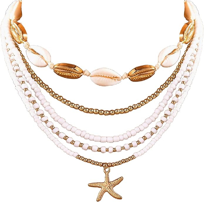 Pack 5 Beach Boho Clay Bead Puka Shell Starfish Choker Necklaces for Women Summer 2025 Layered Ne... | Amazon (US)