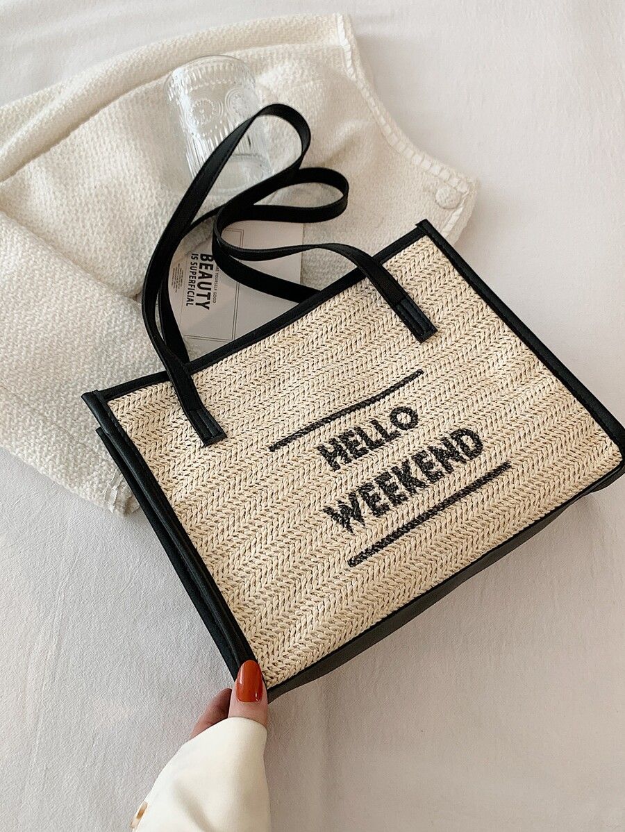 Letter Graphic Contrast Binding Straw Bag | SHEIN