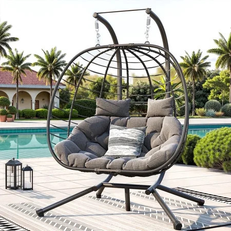 ELPOSUN Double Wicker Swing Egg Chair 2 Person Foldable Hanging Egg Chair with Stand, Porch Swing Loveseat for Patio, Balcony, Porch, Indoor，Outdoor, Black/Gray | Walmart (US)