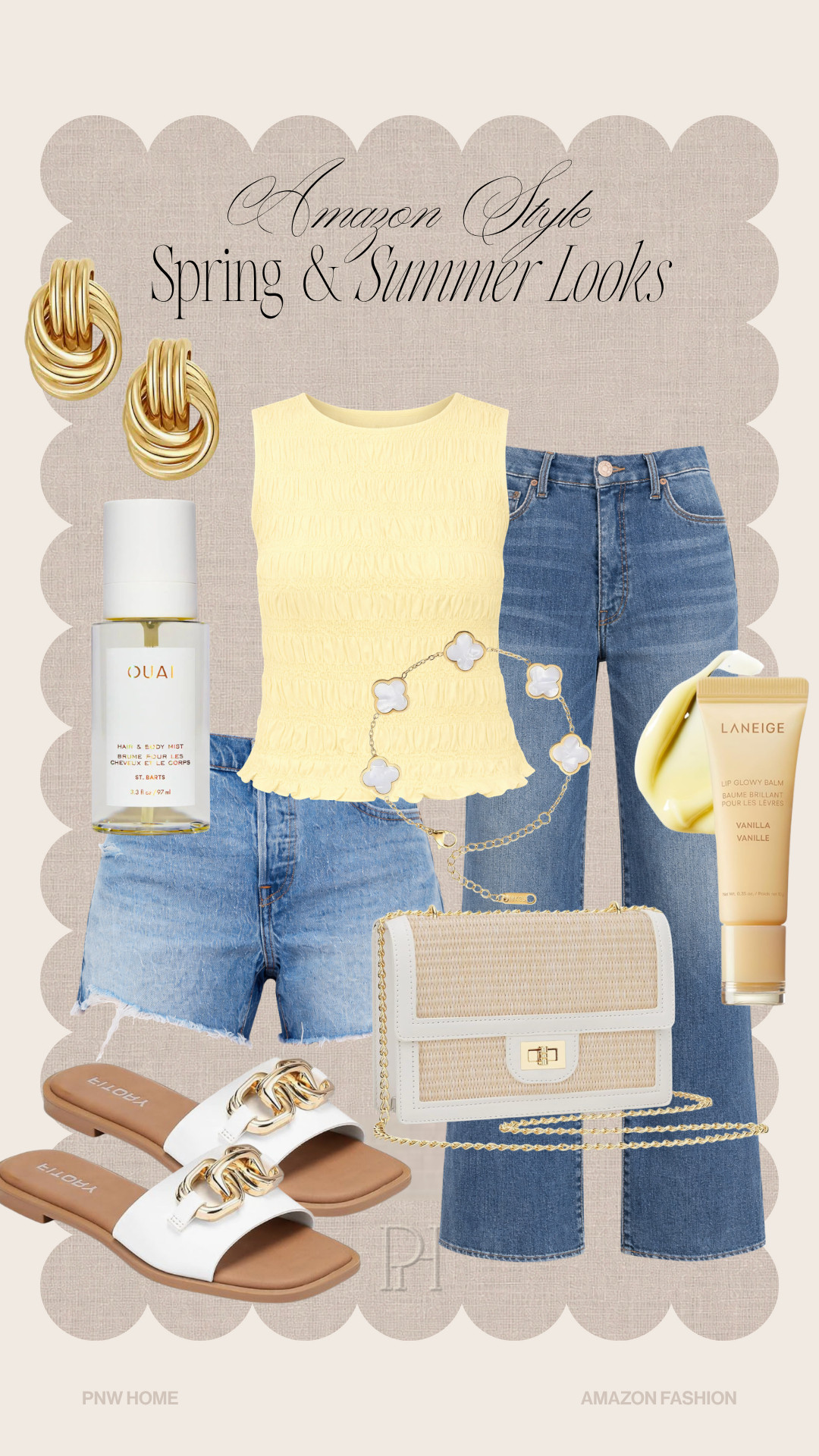 Amazon fashion finds that are perfect for this spring all the way through summer!

butter yellow top, ruched tank top, flared jeans, cutoff shorts, denim shorts, jean shorts, white sandals, neutral handbag, white handbag, crossbody bag, summer purse, spring fashion, spring outfit, spring looks, spring style, summer fashion, summer outfit, summer style, summer look, gold knot earrings, bracelet, body mist, body spray, women's fragrance, lip balm, lip gloss 

 #LTKgrwm #LTKootd #LTKSeasonal