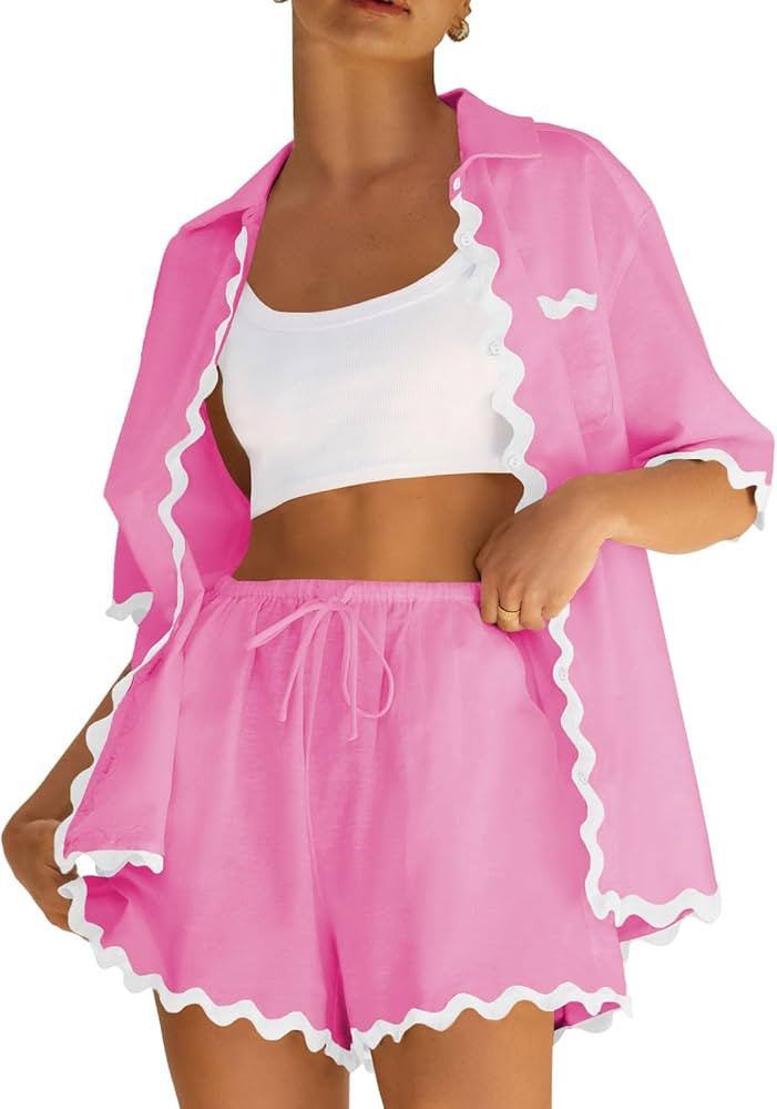 ARTFREE Women's 2 Piece Pajama Sets Short Sleeve Button Down Shirts and Shorts Outfit Sets Summer... | Amazon (US)