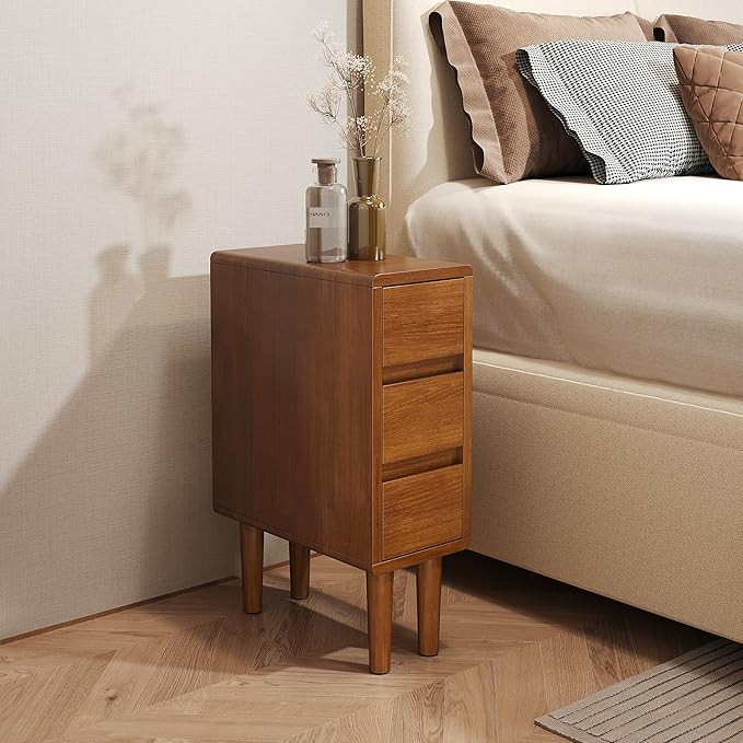 Narrow Nightstand with 3 Drawers Narrow Night Stand Solid Wood Bedside Table Mid Century Modern N... | Amazon (US)