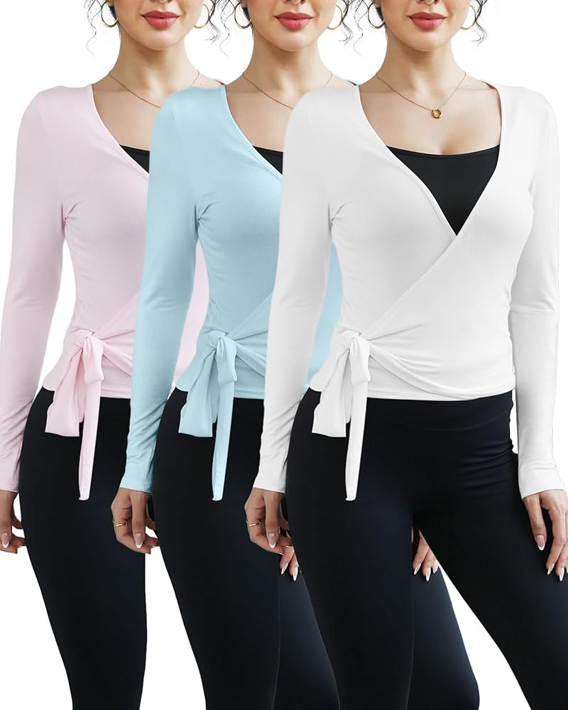 Simlakey 3 Pack Women Ballet Pilates Wrap Tops Y2K Workout Yoga Wrap Shirts Dance Long Sleeve Tie... | Amazon (US)