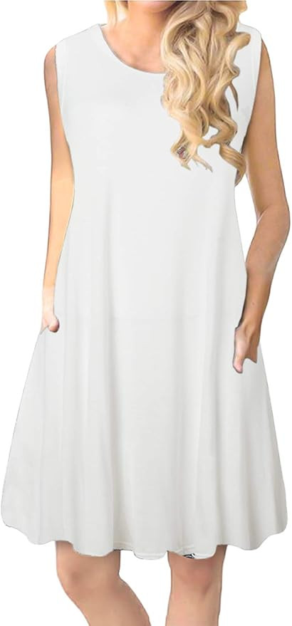 FZ FANTASTIC ZONE Women's Sleeveless Swing Casual T Shirt Tank Dress with Pockets Small White | Amazon (US)