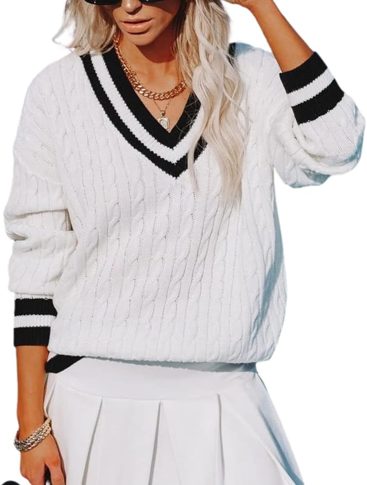 Women's Casual V Neck Long Sleeve Sweater Trendy Striped Pullover Cable Knit Preppy Sweaters | Amazon (US)