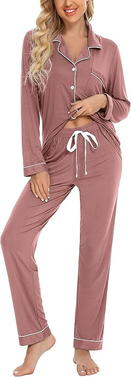 Leikar Button Up Pajama Set For Women Long Sleeve Shirt and Pajama Pants Soft Pjs Lounge Sets S-X... | Amazon (US)