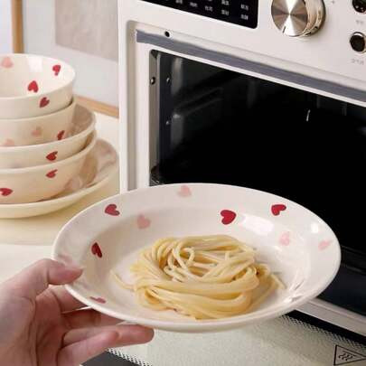 Cream Color Heart-Shaped Bowl & Plate INS Style Minimalist Rice Bowl Salad Bowl Ceramic Dinnerware Set, Heat-Resistant | SHEIN
